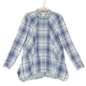 SUNDANCE Blue Plaid Bias Cut Lightweight Long Sleeve Button Up Top SIZE LARGE